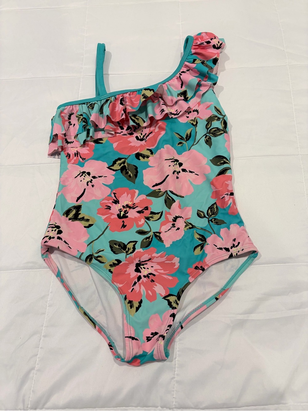 Kanu Surf Girls One-Shoulder Floral Swimsuit in Teal and Pink